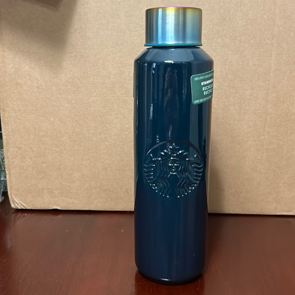 Starbucks dark blue glass water bottle.  22oz